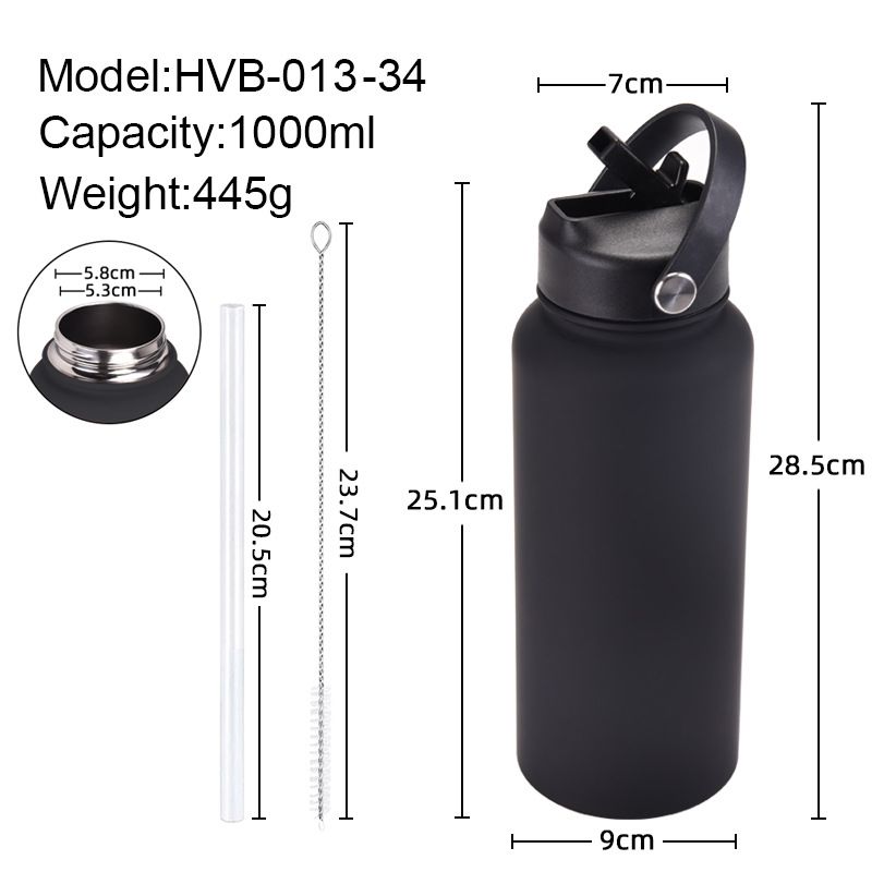 Close-up of straw, lid, and carry handle on stainless steel insulated water bottle.