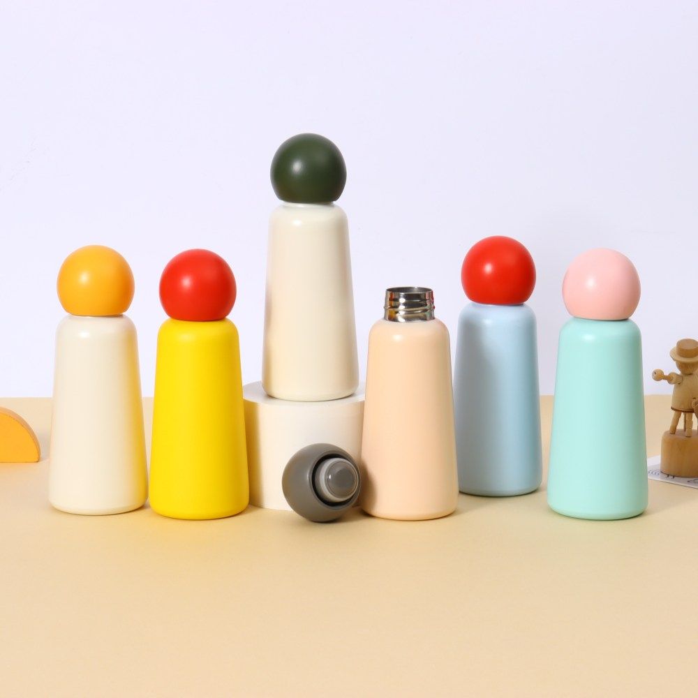 Multiple stock colour options of 350ml stainless steel insulated bottles with round lids