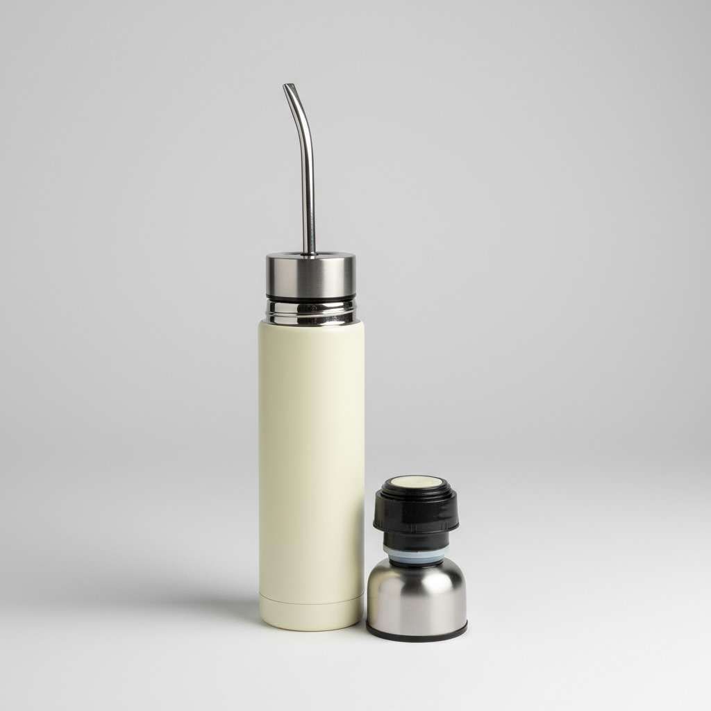 Cream color mate thermos cup with stainless steel straw and cap assembly
