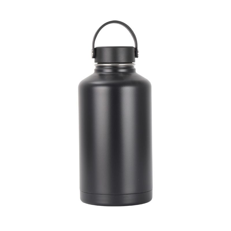 Black insulated stainless steel sports water bottle 64oz with options for custom lids