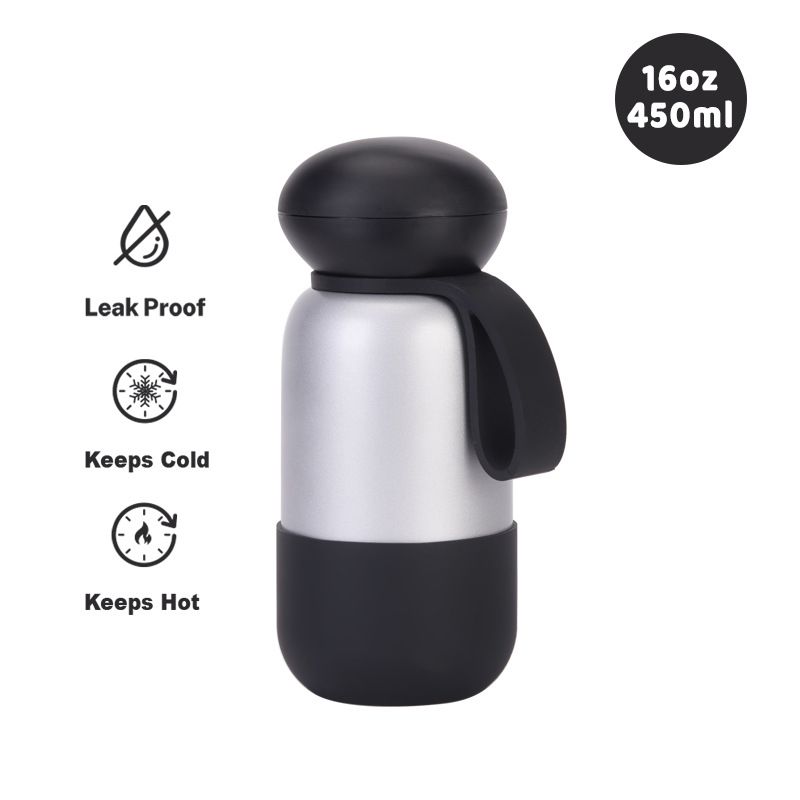 black stainless steel vacuum bottle with round cap