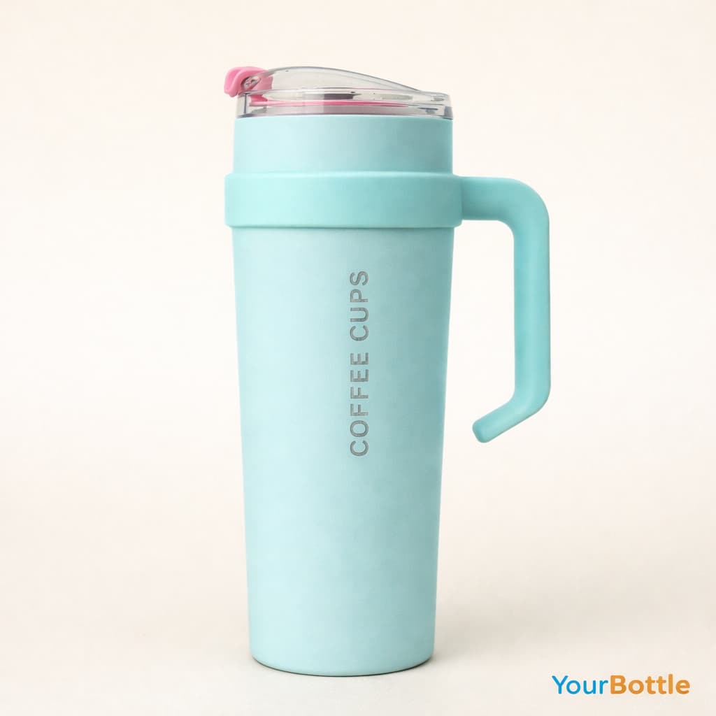 Light turquoise insulated tumbler with handle and laser engraved vertical logo on a so