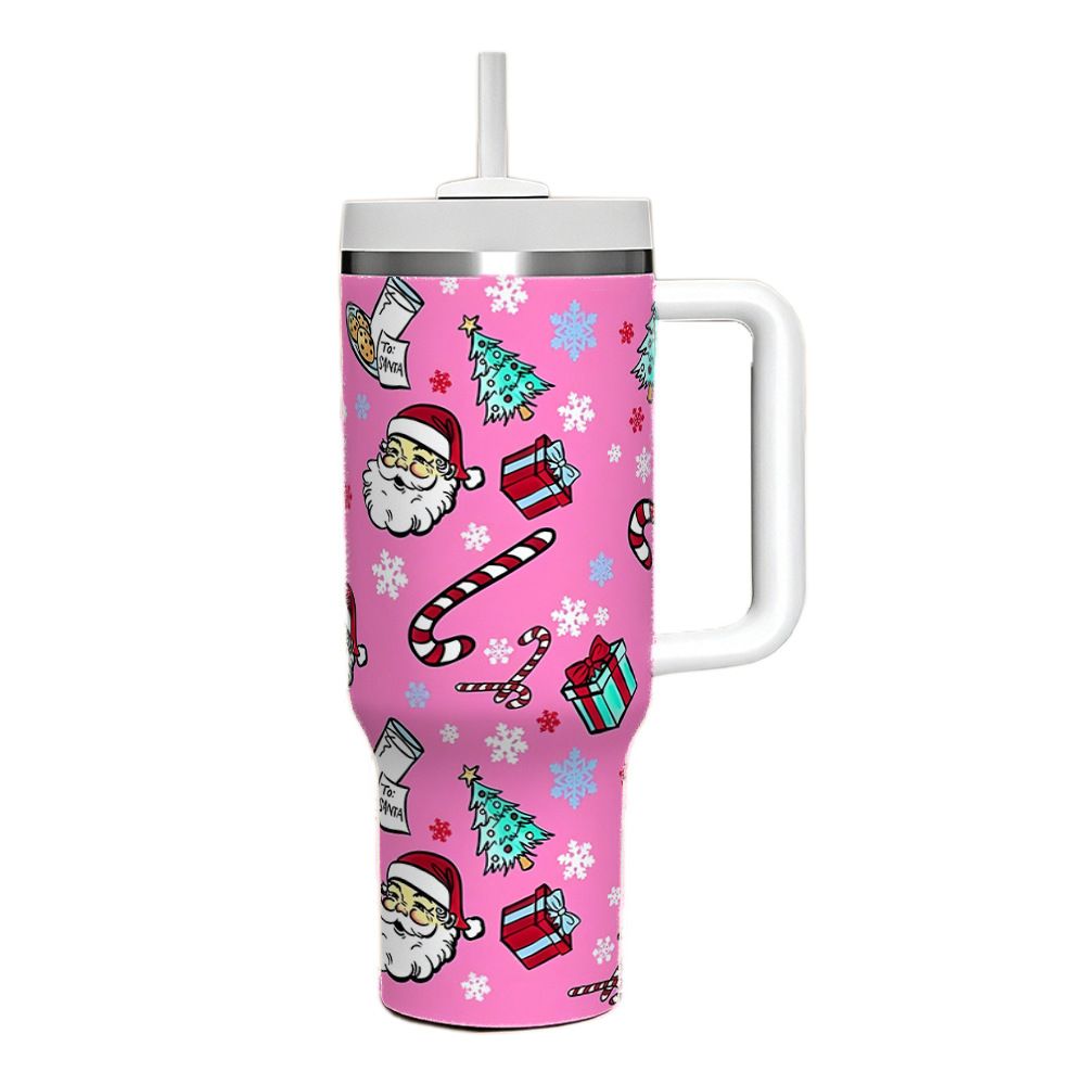 Pink 40oz Christmas tumbler with handle and Santa gift candy cane UV printed pattern