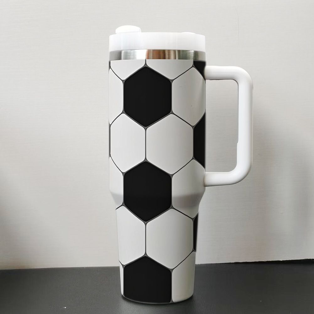 40oz stainless steel tumbler with handle and soccer ball pattern