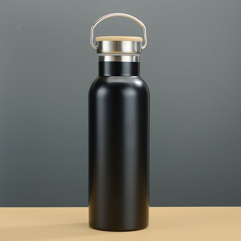 Vacuum insulated stainless steel bottle with wooden lid and handle, black finish