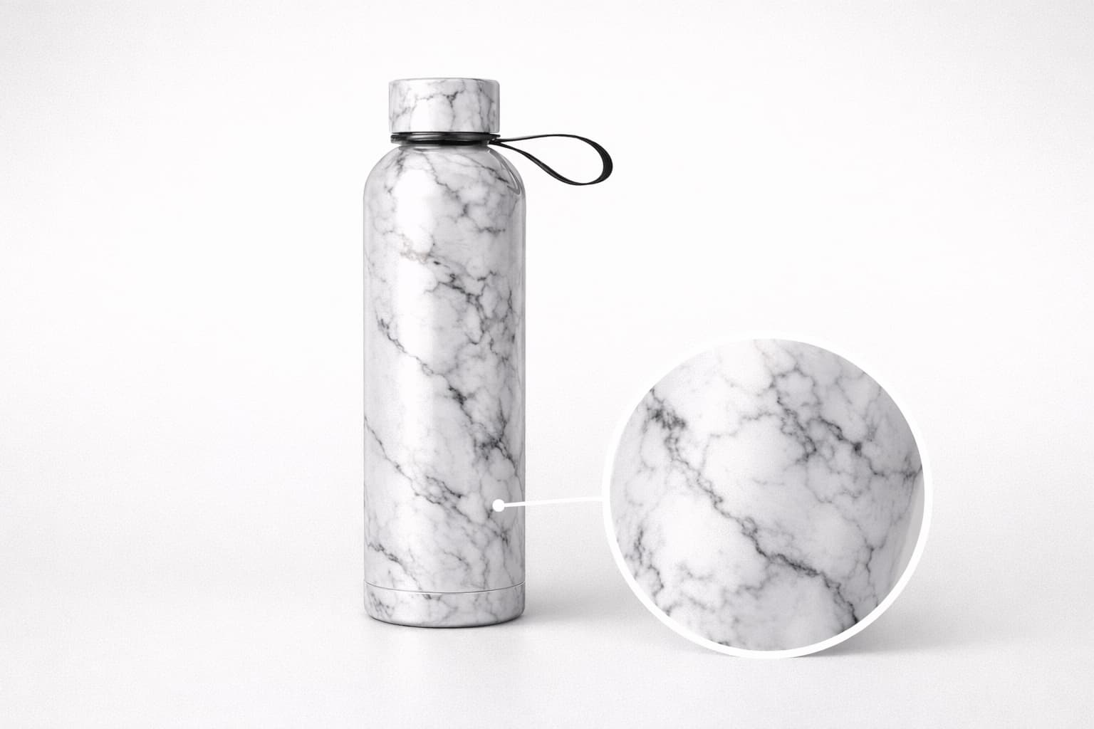 Stainless steel insulated water bottle with marble-pattern special visual finish using water transfer printing, shown with close-up surface detail.