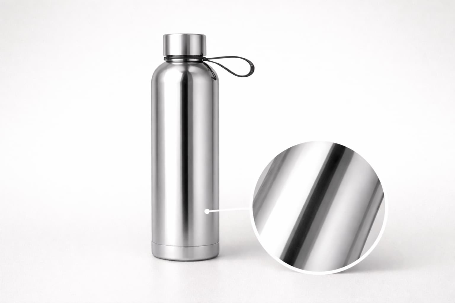 Polished stainless steel insulated water bottle with mirror finish, showing bare metal surface and close-up reflection detail.
