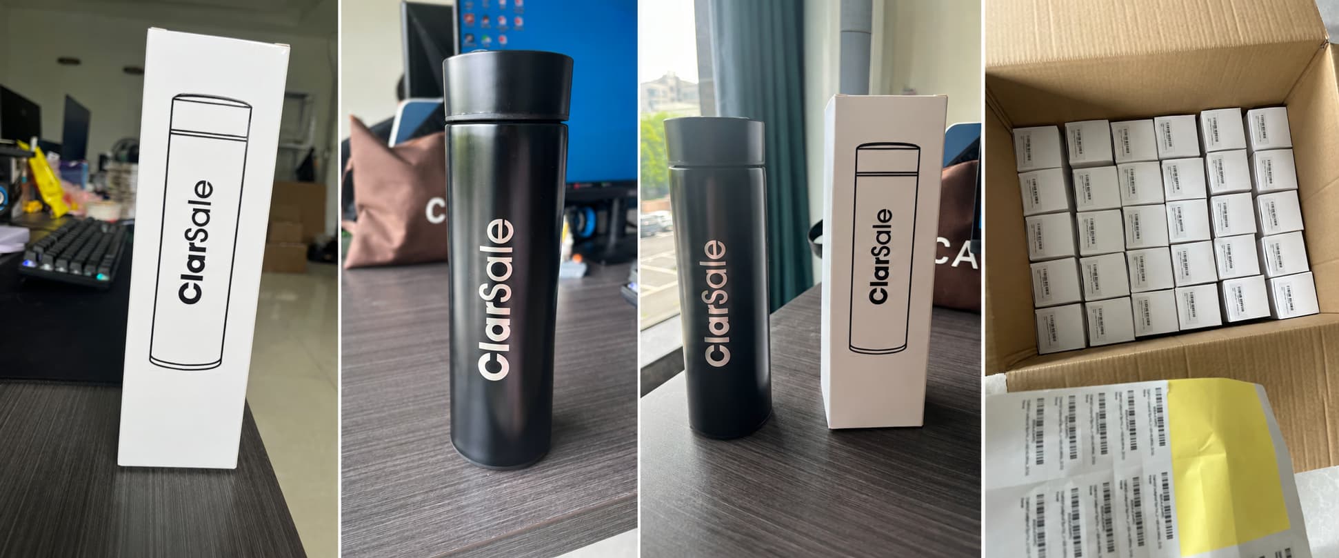 Custom black 17oz temperature display insulated bottle with laser engraved logo, printed white box, and Amazon barcode labels prepared for a small-batch Amazon warehouse order