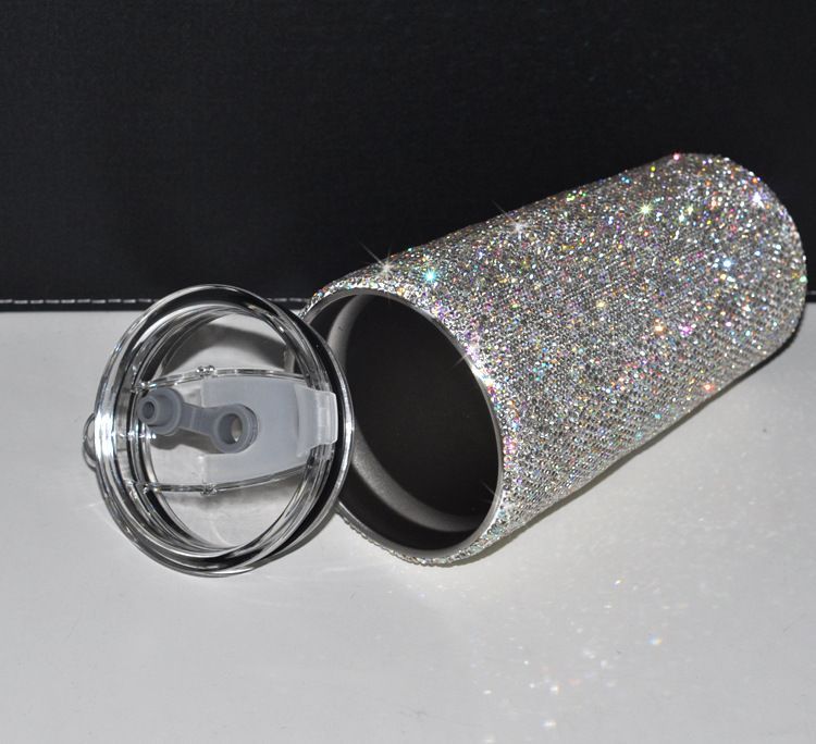 Resin rhinestone stainless steel insulated tumbler with sliding lid, lid removed view