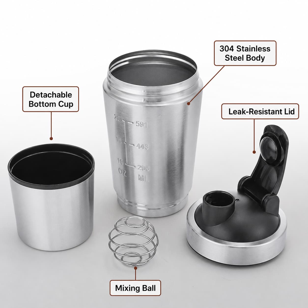 304 stainless steel shaker bottle parts with detachable bottom cup, mixing ball, and leak-resistant lid