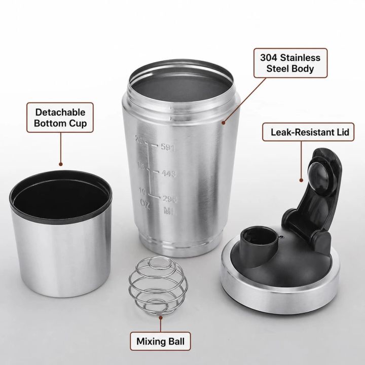 304 stainless steel shaker bottle parts with detachable bottom cup, mixing ball, and leak-resistant lid