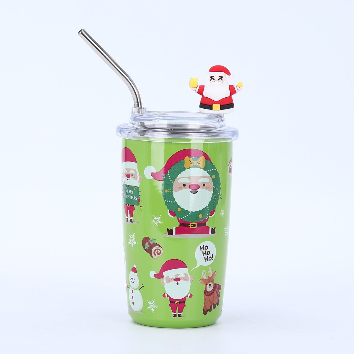 Green 460ml Christmas stainless steel tumbler with metal straw and Santa UV printed pattern