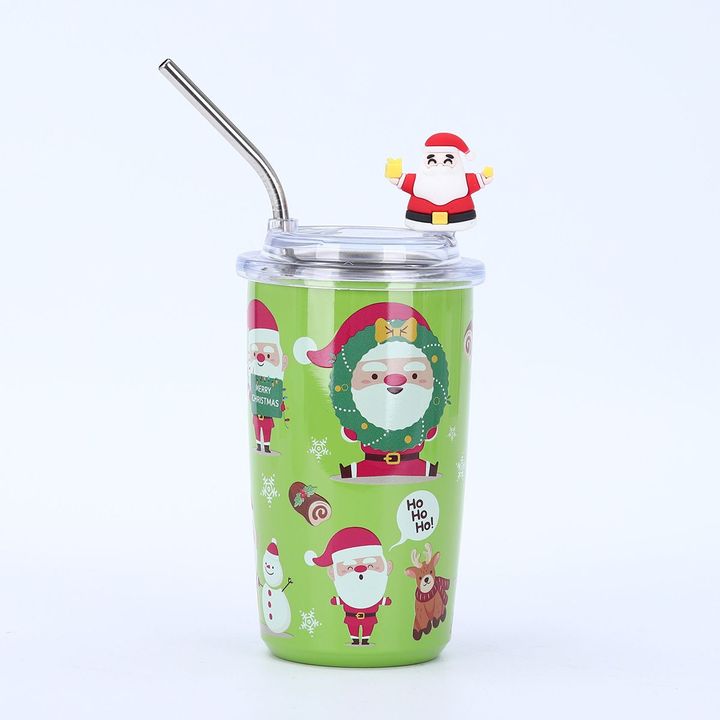 Green 460ml Christmas stainless steel tumbler with metal straw and Santa UV printed pattern