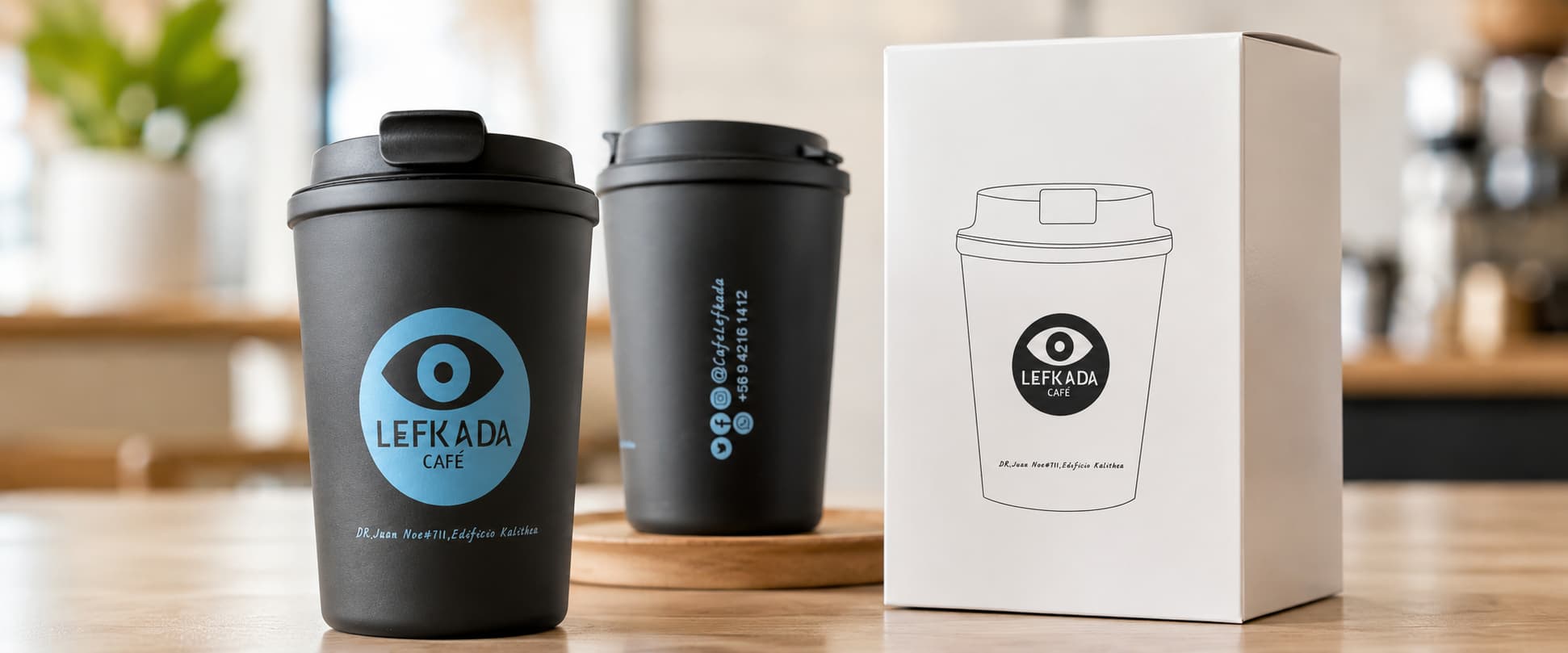 Black 12oz insulated coffee cup with custom UV café logo and matching white gift box displayed in a clean café-style setting for a branded retail packaging project