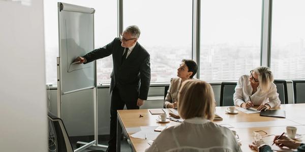 Senior executive presenting to colleagues in a modern office conference room.