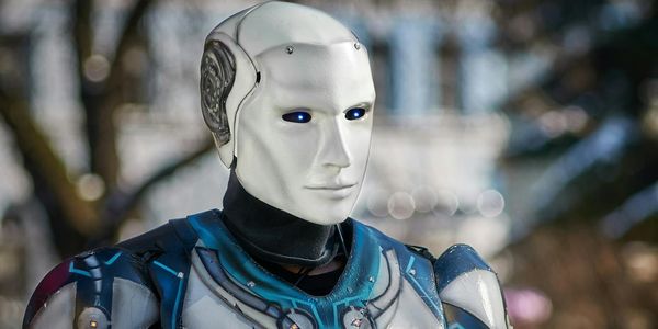Close-up of a futuristic humanoid robot with metallic armor and blue LED eyes.