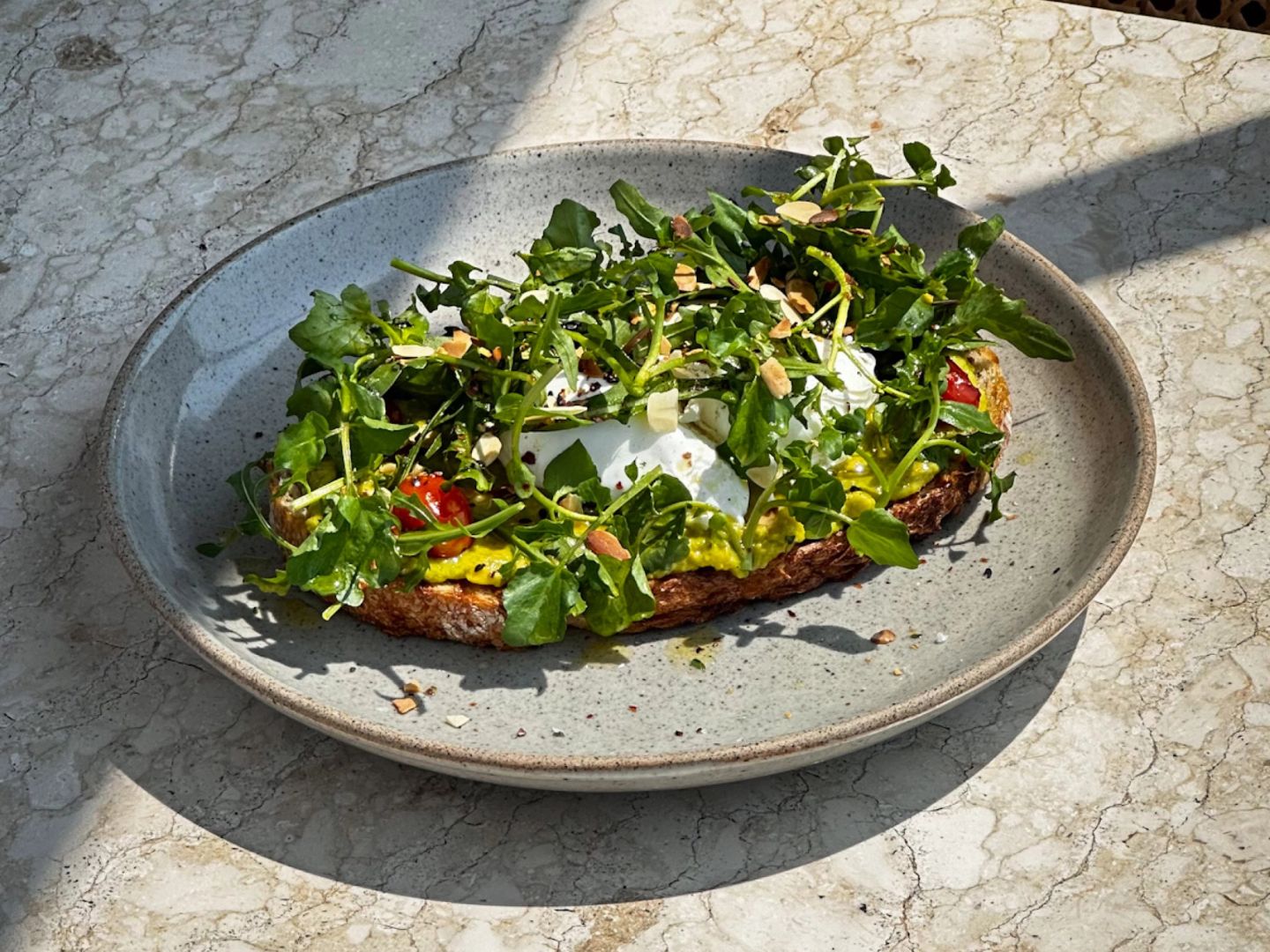 Avocado toast topped with greens, burrata, cherry tomatoes, and toasted almond flakes.