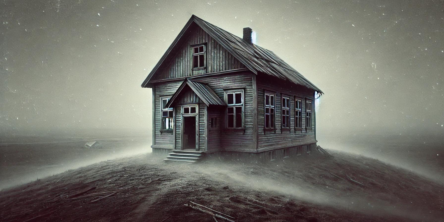 an old wooden house is sitting on top of a hill in the middle of a field .