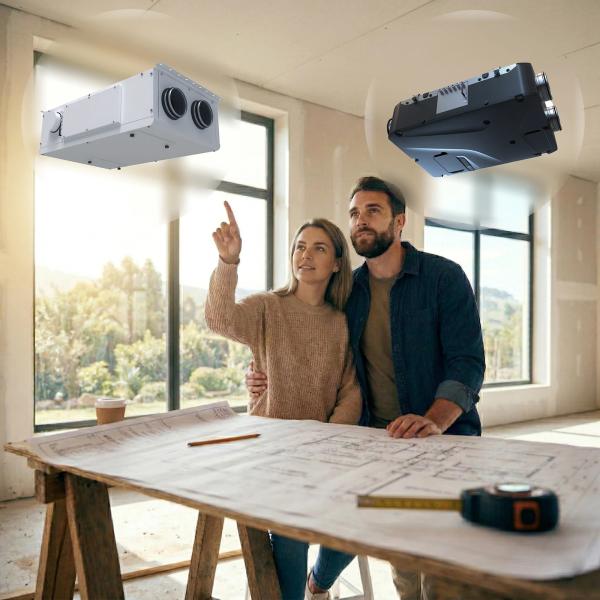 Modernūs rekuperatoriai išdėstyti ant stalo — skirtingi modeliai palyginimui