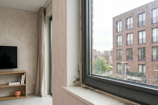 Drėgmė ir kondensatas ant lango krašto, iliustruojantis netinkamo vėdinimo pasekmes po renovacijos.