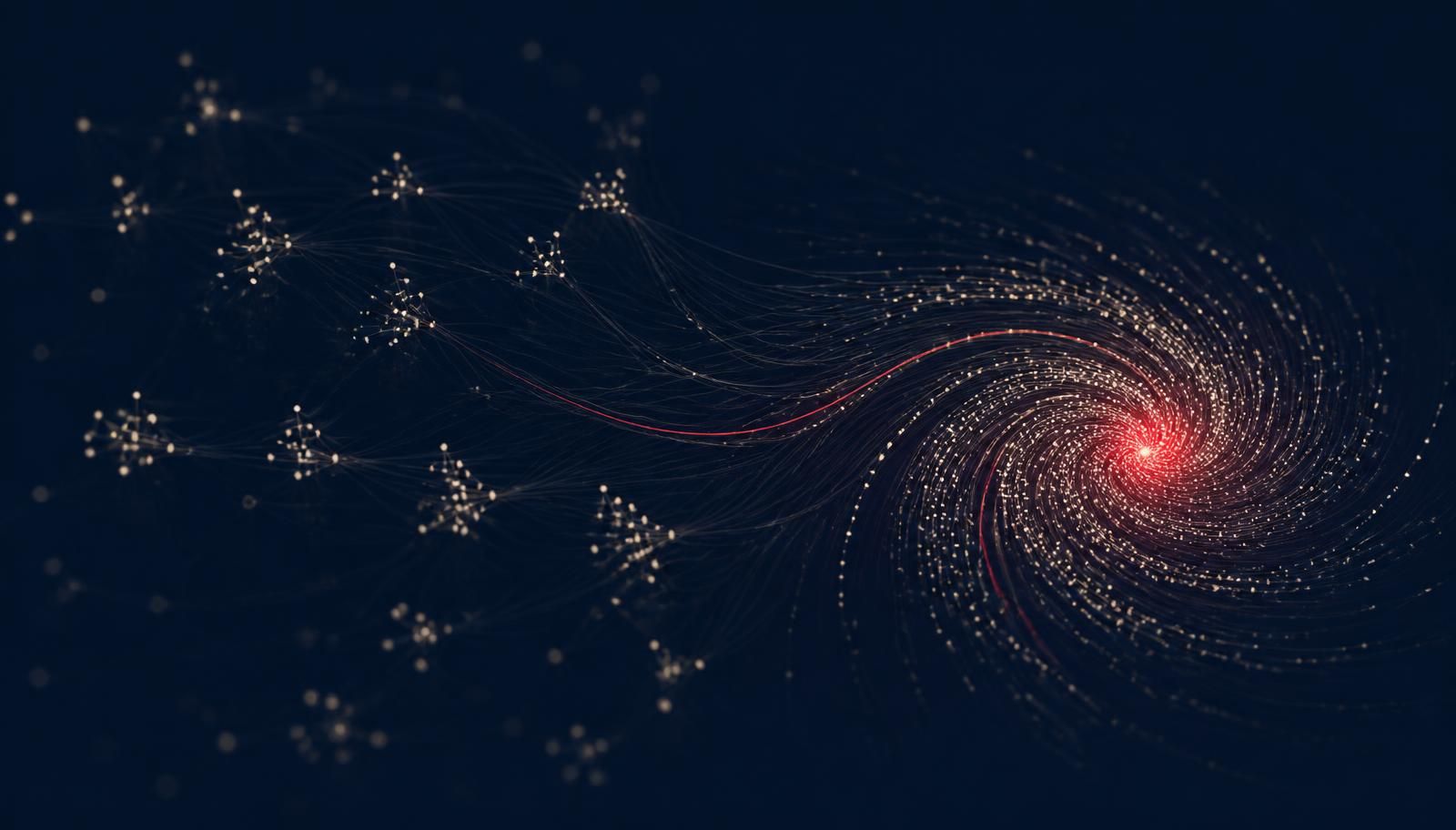 Abstract visualization of fragmented AI-generated signals converging into an emerging narrative risk.