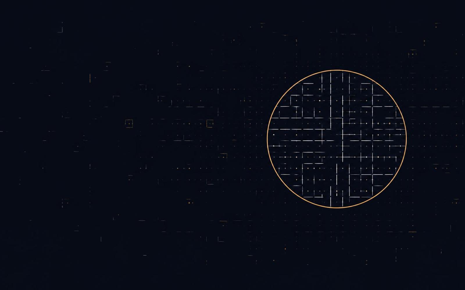 Abstract intelligence composition: scattered, unconnected data points on the left resolving into a structured lattice of linked nodes on the right, with a few amber nodes highlighted.