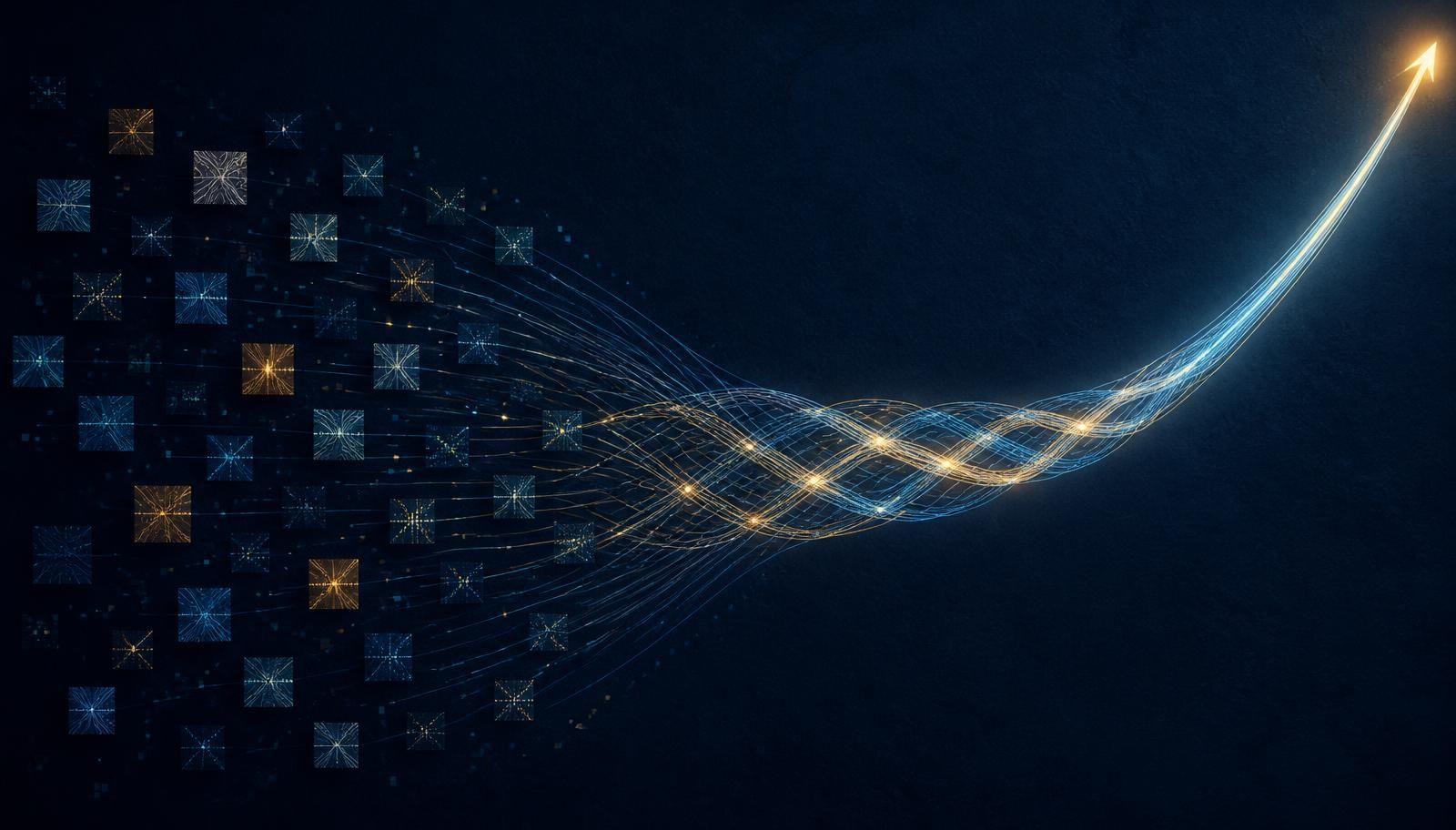 Abstract enterprise data visualization: scattered isolated signal points on the left converging into a connected network of nodes and a single amber storyline on the right.