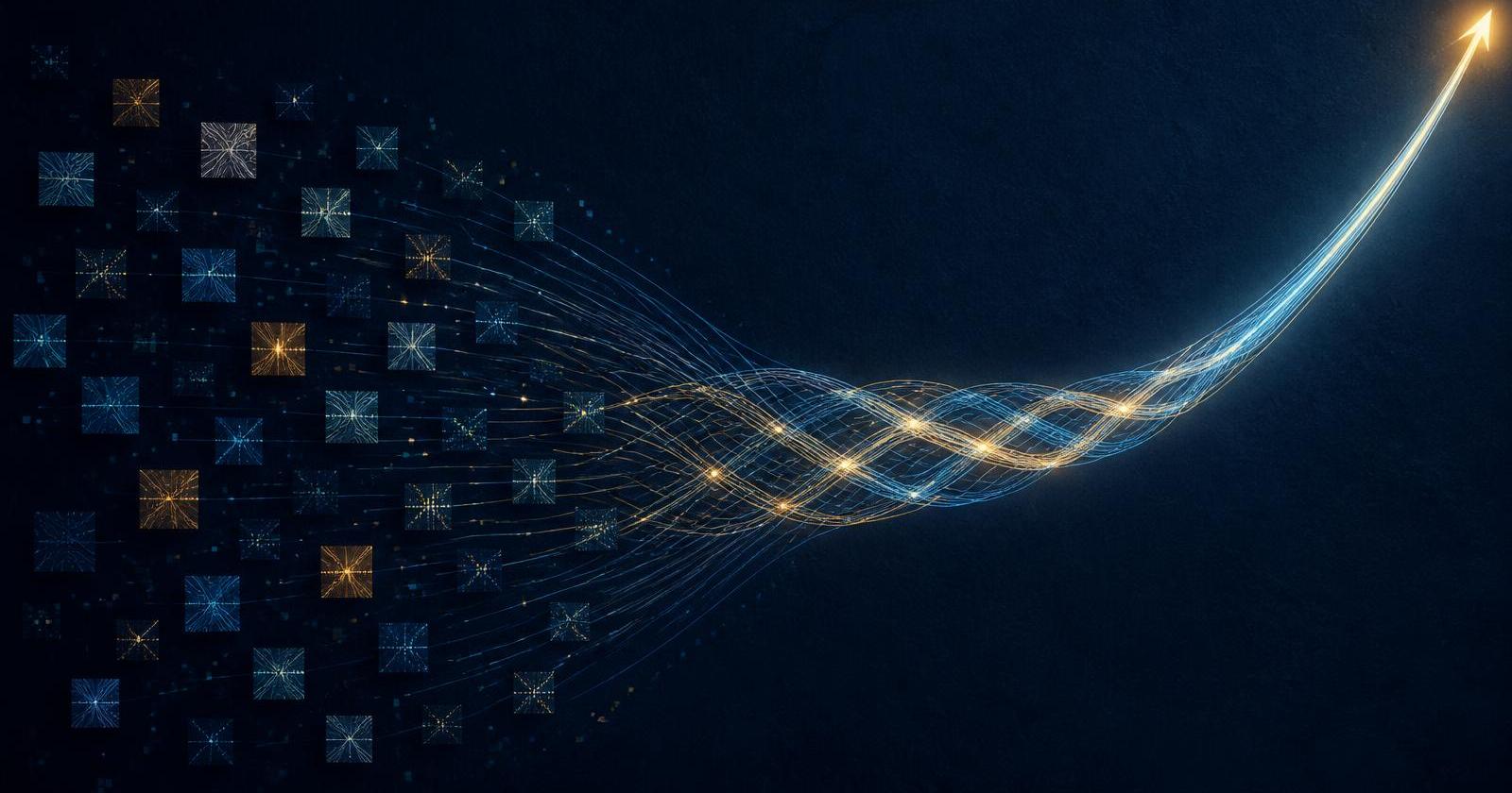 Abstract enterprise data visualization: scattered isolated signal points on the left converging into a connected network of nodes and a single amber storyline on the right.