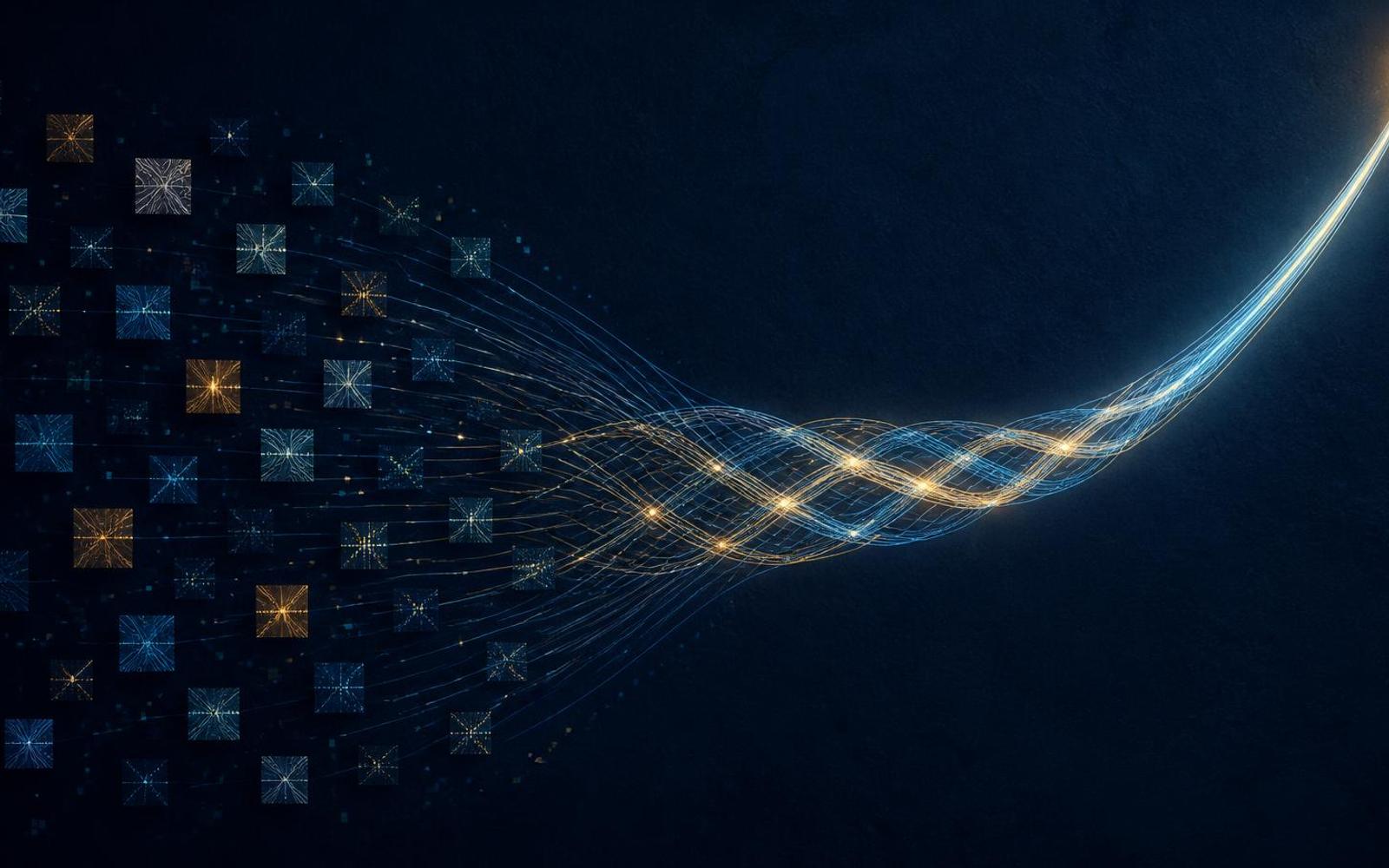 Abstract enterprise data visualization: scattered isolated signal points on the left converging into a connected network of nodes and a single amber storyline on the right.