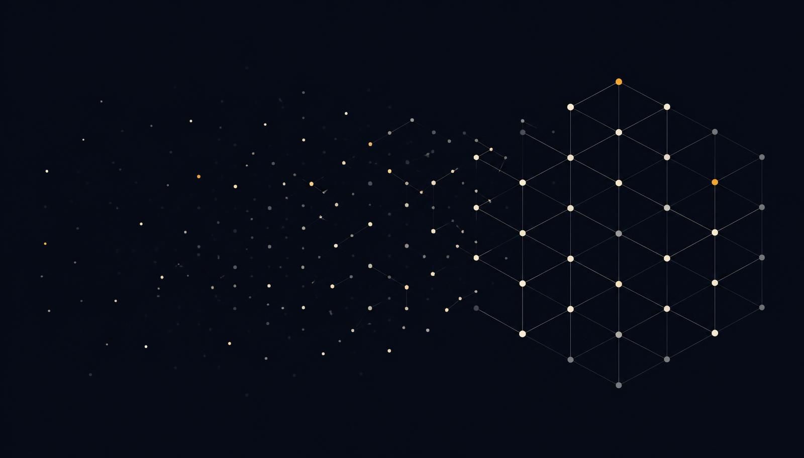 Abstract intelligence composition: scattered, unconnected data points on the left resolving into a structured lattice of linked nodes on the right, with a few amber nodes highlighted.