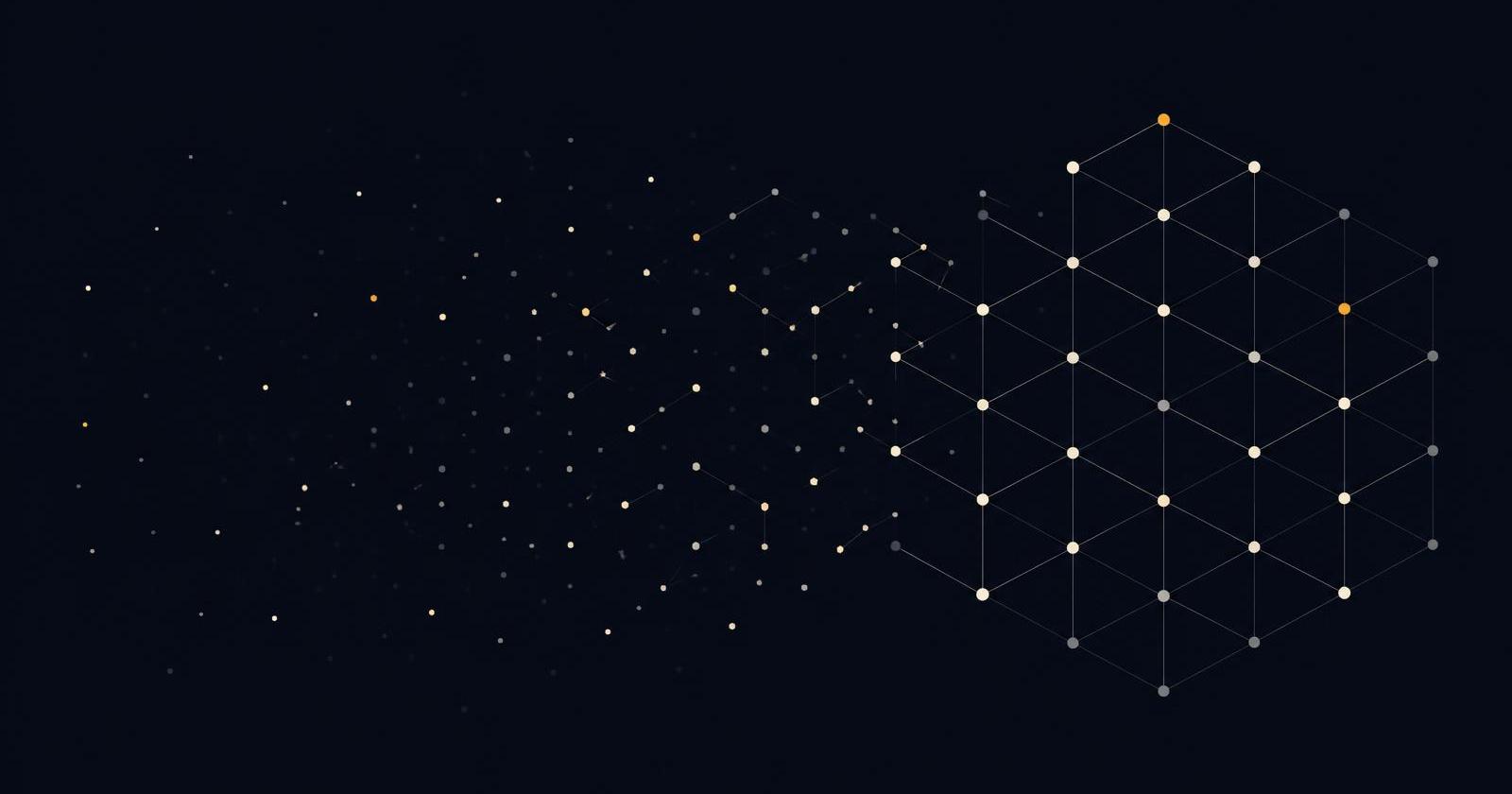 Abstract intelligence composition: scattered, unconnected data points on the left resolving into a structured lattice of linked nodes on the right, with a few amber nodes highlighted.