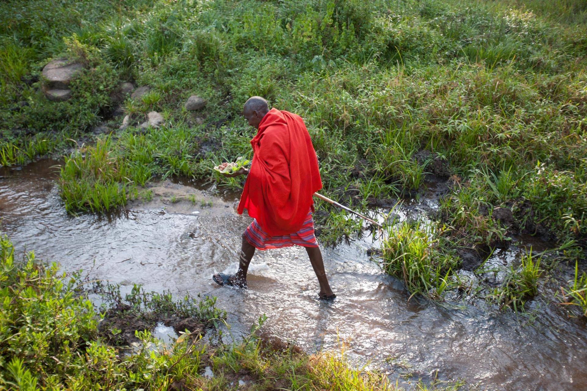 A person in a red robe and patterned skirt wades through a shallow stream with green banks, carrying a plate of food and a stick.
