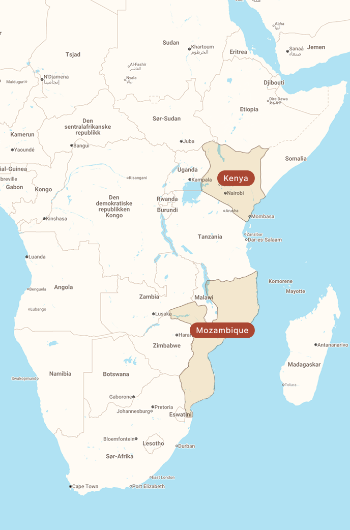 Map of Africa highlighting Kenya and Mozambique.