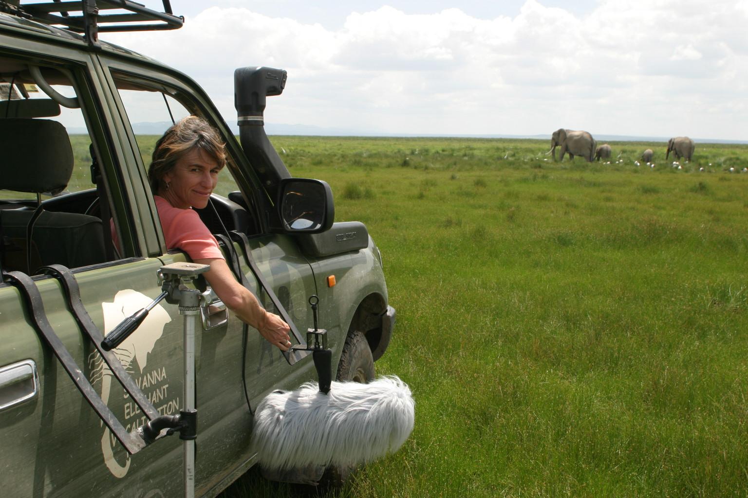 Two people stand on a safari vehicle's roof rack, one looking through binoculars and the other holding a camera, under a bright blue sky.