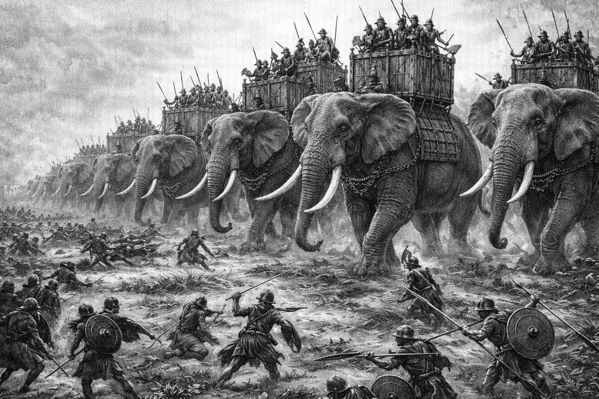 Grayscale illustration of an ancient battle featuring war elephants with soldiers in towers and infantry fighting.