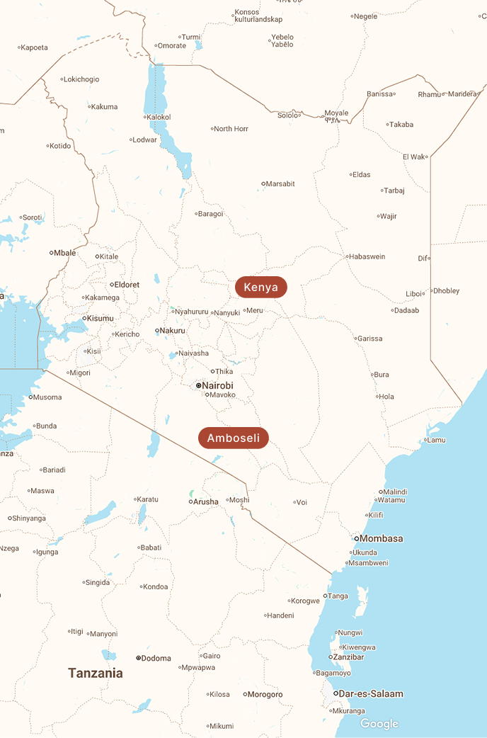 Map of Kenya showing Amboseli, Nairobi, and Mombasa.