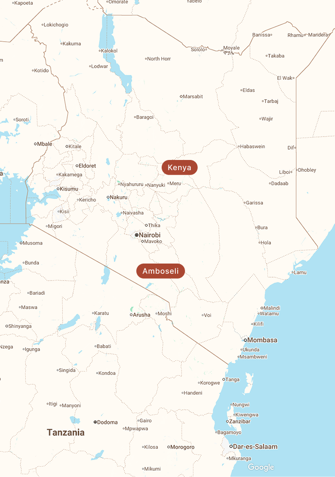 Map of Kenya showing Amboseli, Nairobi, and Mombasa.
