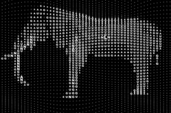 An elephant silhouette made of white genetic code letters (A, G, U) and dots on a black background.
