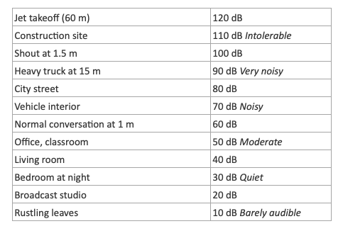 A table listing various sound sources and their decibel levels, from a jet takeoff at 120 dB to rustling leaves at 10 dB.