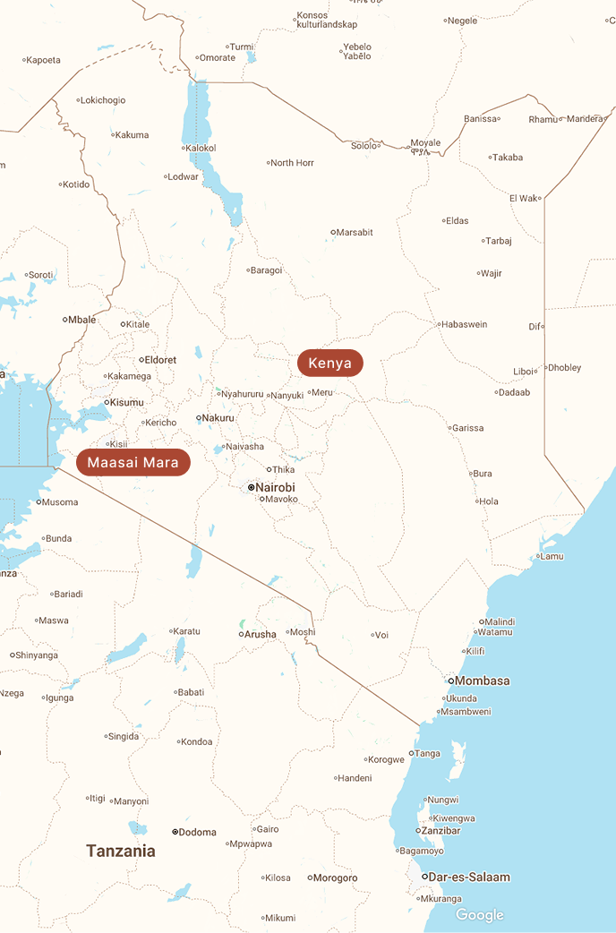 Map of East Africa highlighting Kenya, Tanzania, Maasai Mara, Nairobi, and Mombasa.