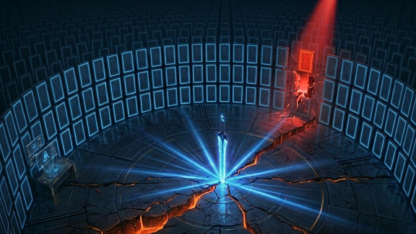 A surreal circular arena where walls made entirely of stacked doors rotate in a loop, thousands sealed and glowing cold blue, one single door caught mid-rotation in a red spotlight, a neon-blue sword embedded in the center of the cracked glowing floor stopping the rotation — visualizing the audit-to-enforce principle that one endpoint doesn't get to veto prevention for the entire fleet.