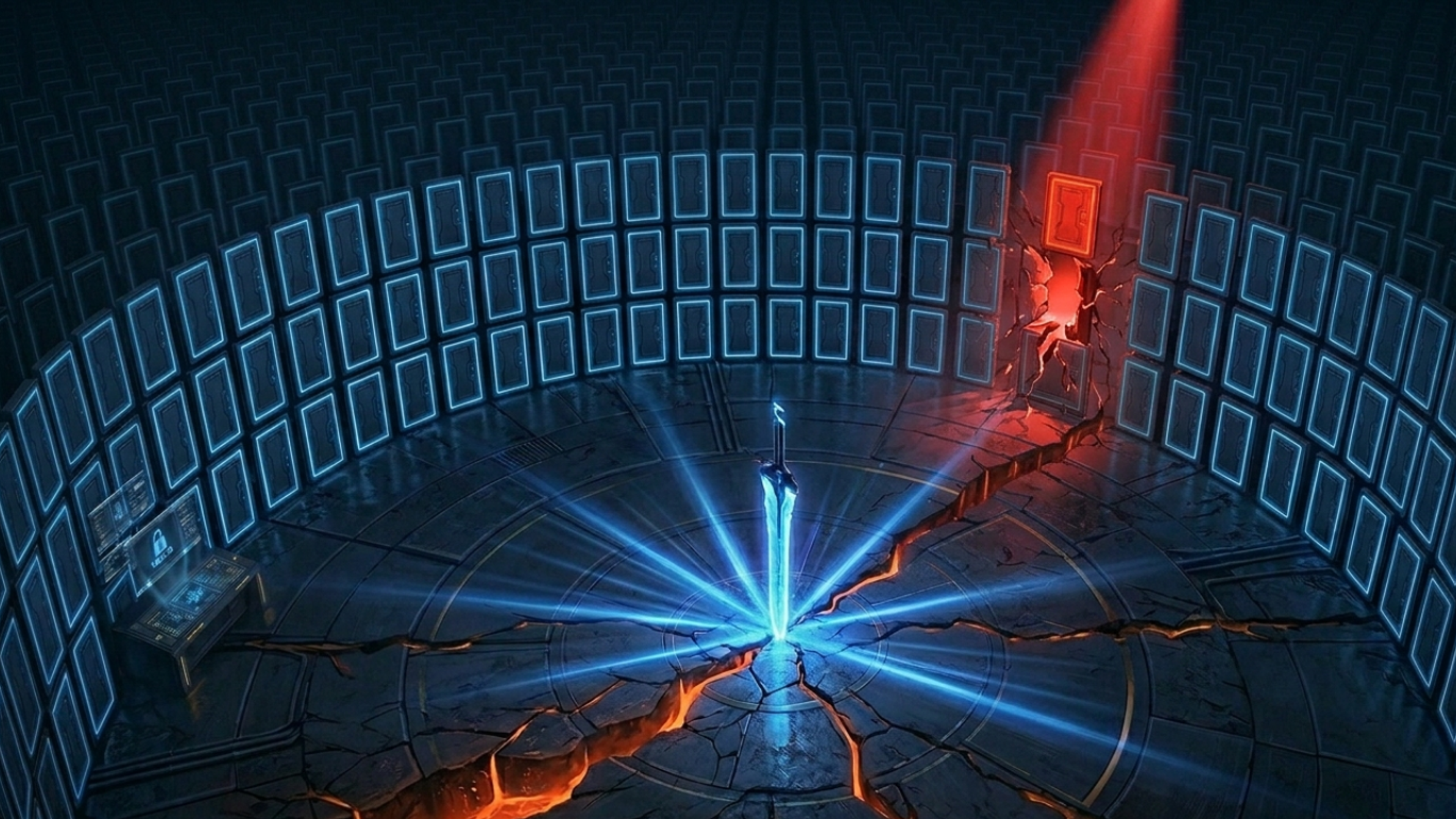 A surreal circular arena where walls made entirely of stacked doors rotate in a loop, thousands sealed and glowing cold blue, one single door caught mid-rotation in a red spotlight, a neon-blue sword embedded in the center of the cracked glowing floor stopping the rotation — visualizing the audit-to-enforce principle that one endpoint doesn't get to veto prevention for the entire fleet.