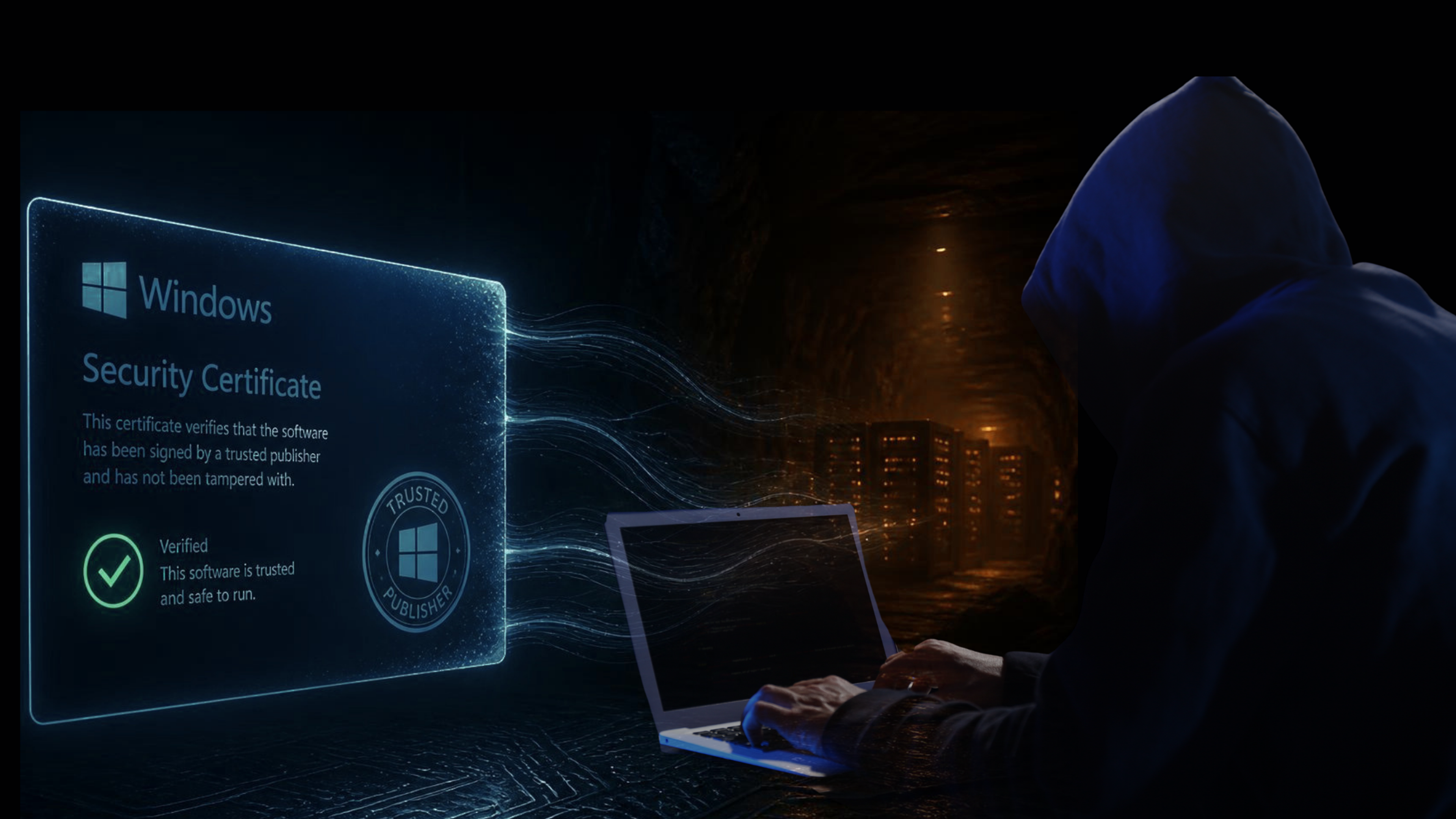 A holographic Windows Security Certificate glowing in electric blue on the left, marked as verified and trusted, with subtle data streams flowing from it toward the right side of the image where an amber-lit underground environment is visible — visualizing how legitimate signed software is weaponized by infostealers to silently exfiltrate credentials while appearing completely trusted.