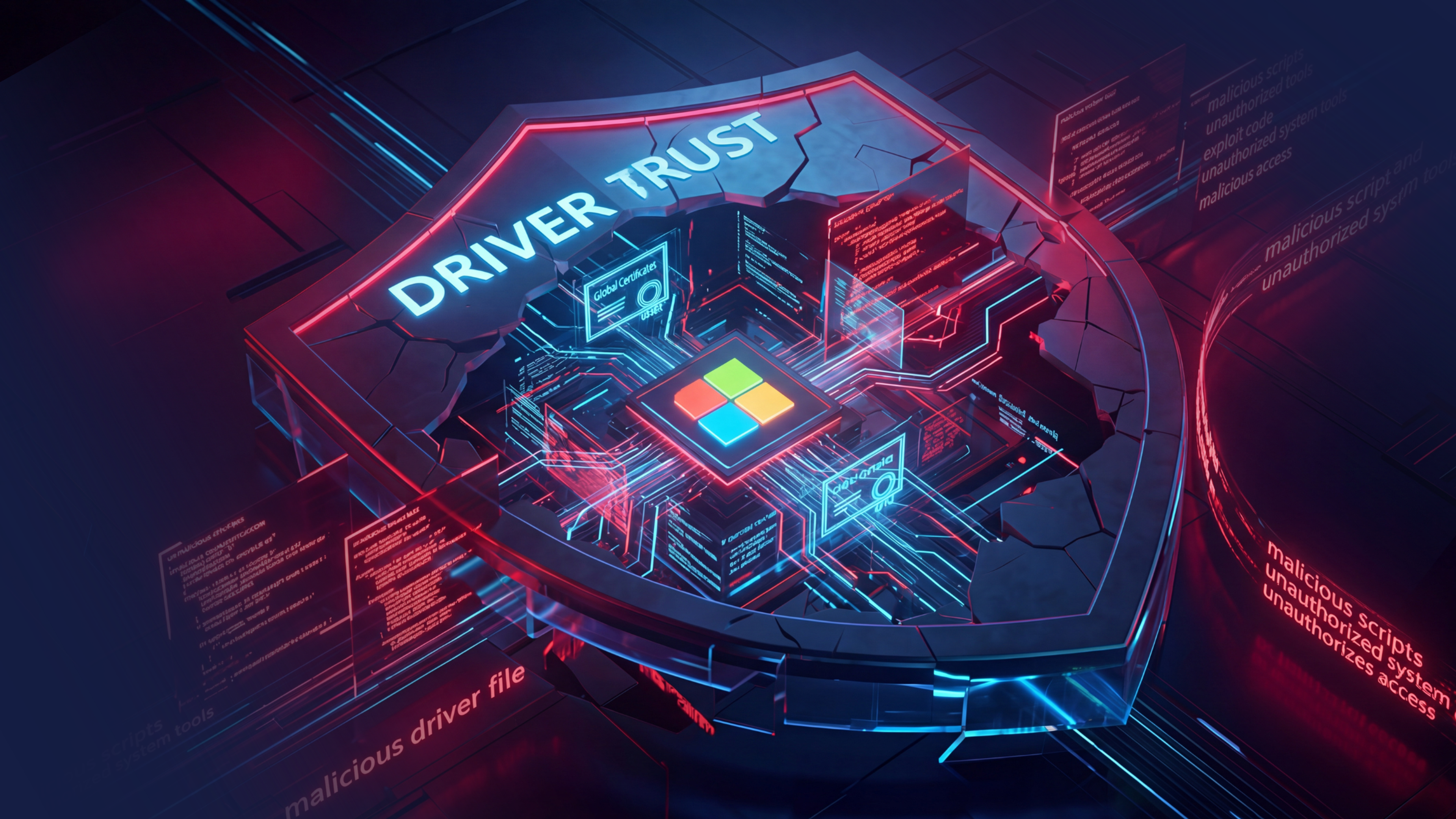 Cybersecurity illustration showing a Microsoft system with a broken driver trust barrier as malicious drivers bypass protections and gain kernel-level access