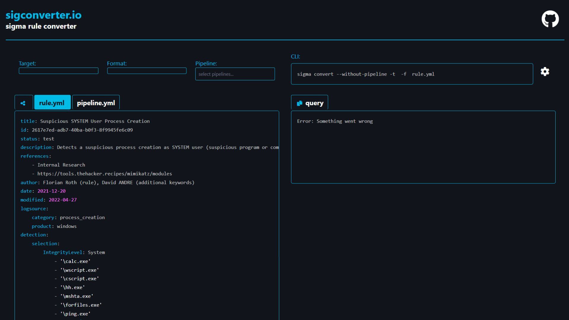 Screenshot of the sigconverter.io interface showing a Sigma rule and an error during query conversion