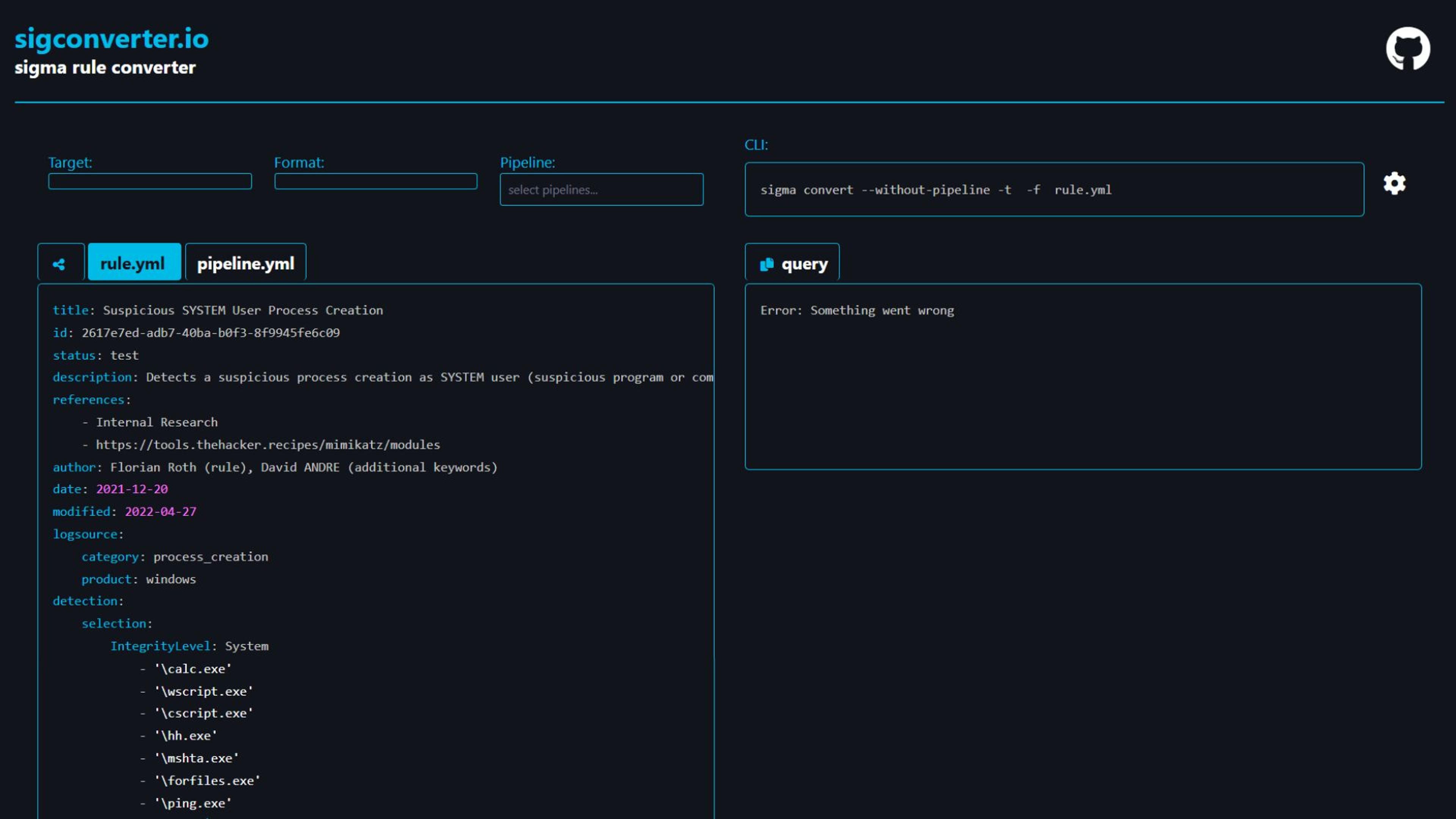 Screenshot of the sigconverter.io interface showing a Sigma rule and an error during query conversion
