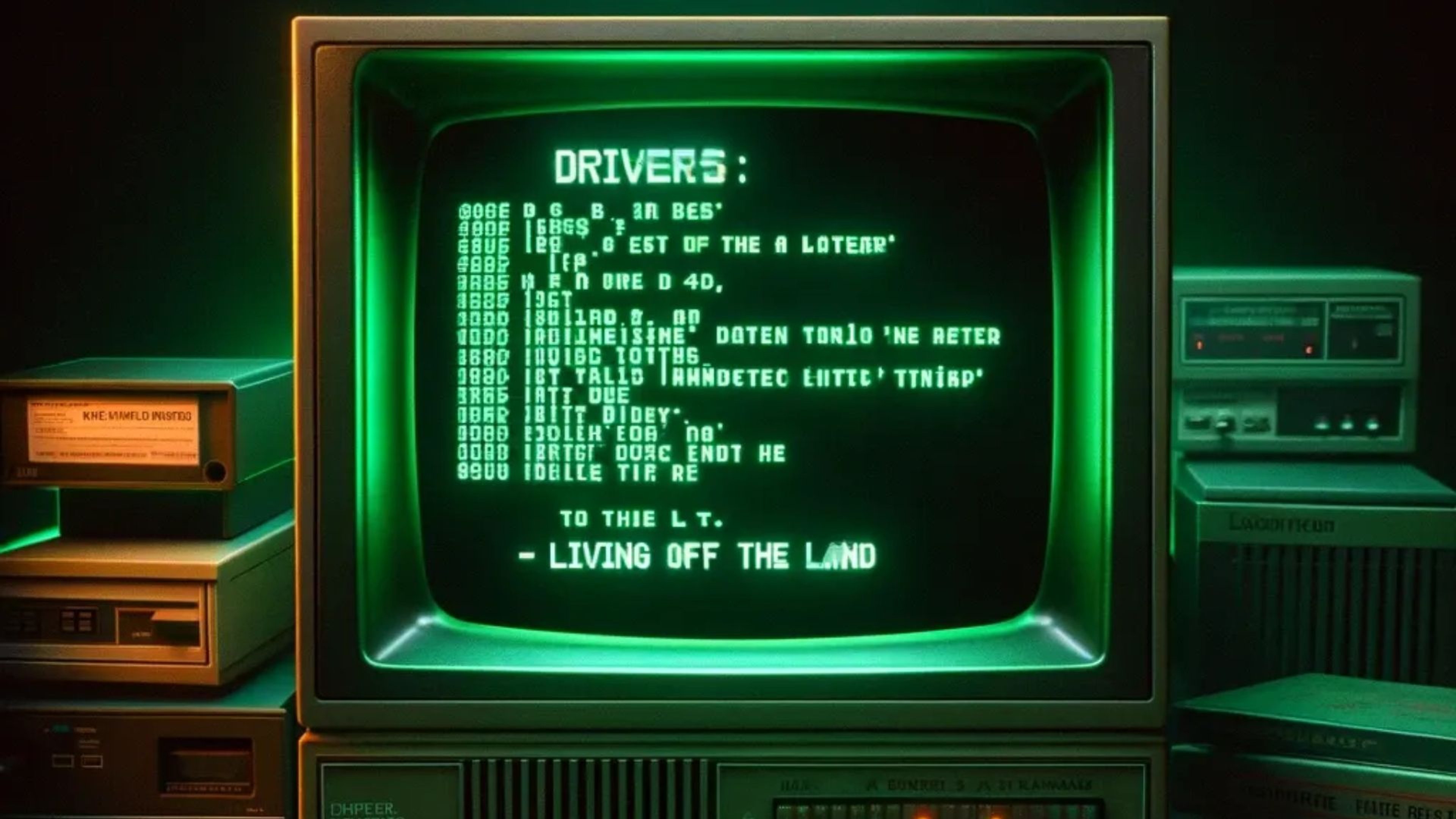 Retro green-screen computer displaying driver listings, symbolizing the analysis process behind creating LOLDrivers