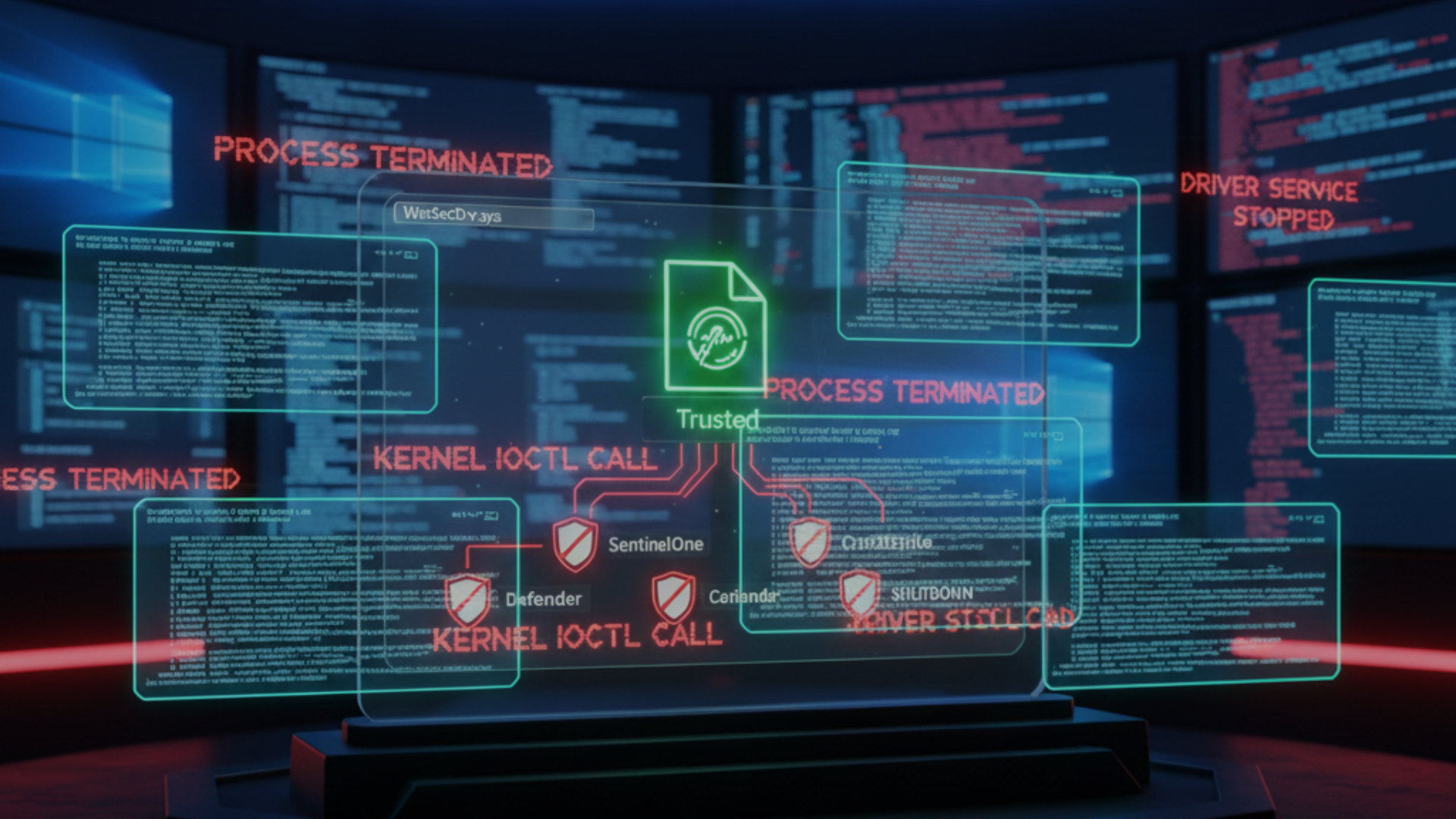 Illustration of a legitimate Windows kernel driver with a valid digital signature being weaponized to disable endpoint security, representing BYOVD attacks where signed drivers are abused to bypass Microsoft EDR protections