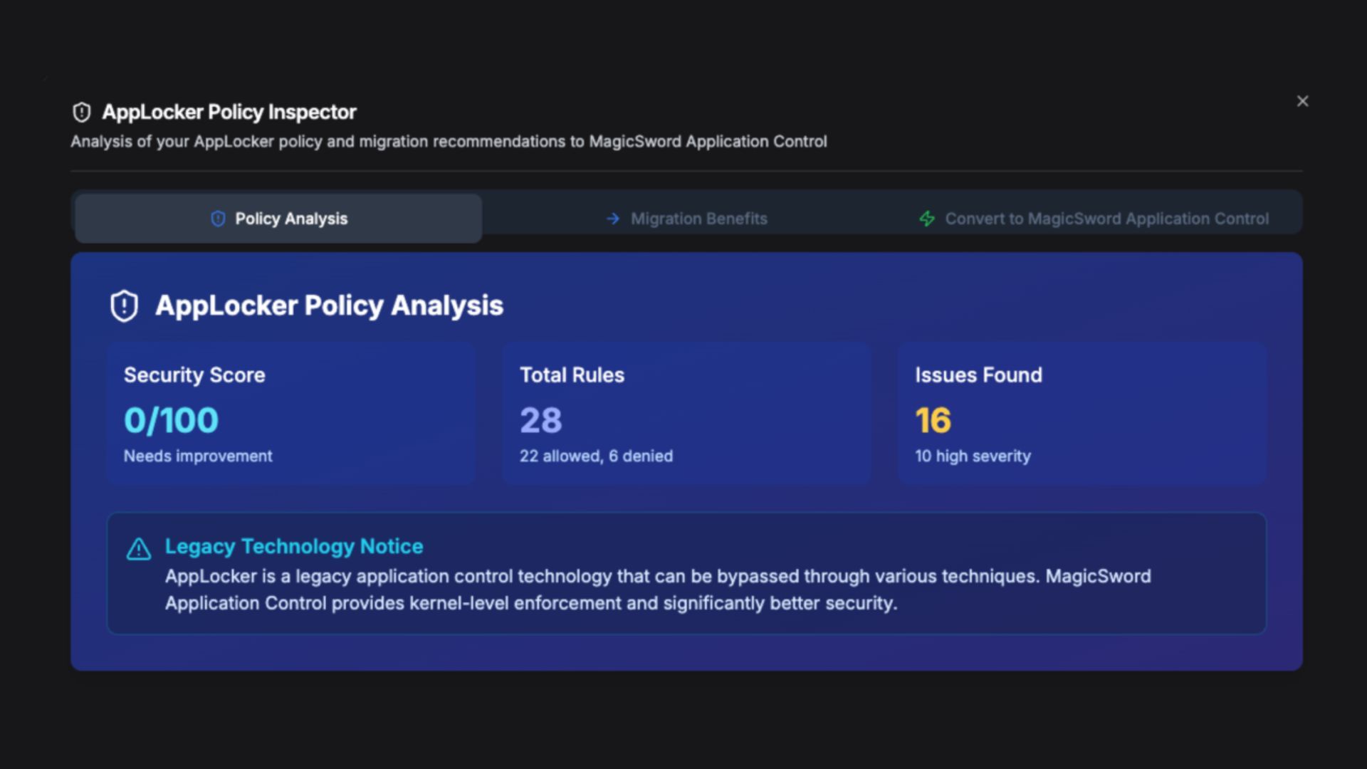 AppLocker to MagicSword migration interface displaying critical security gaps in legacy policies and recommending kernel-level enforcement.