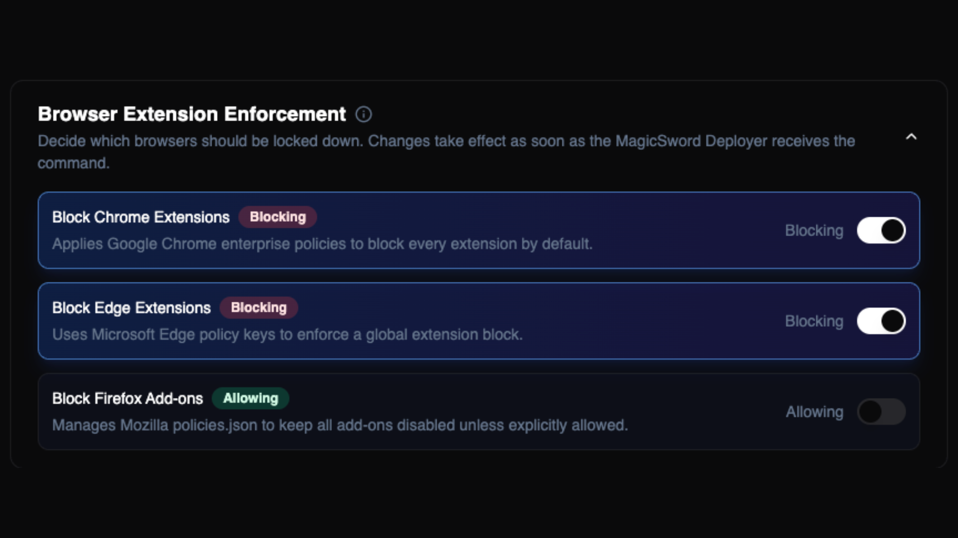MagicSword security console displaying browser extension enforcement controls, blocking extensions across Google Chrome, Microsoft Edge, and Mozilla Firefox to reduce browser-based attack surface.